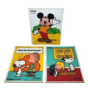 Vintage Playskool Made in Usa Wooden Educational Lot of 3 Puzzles 11.5” X 9.5”